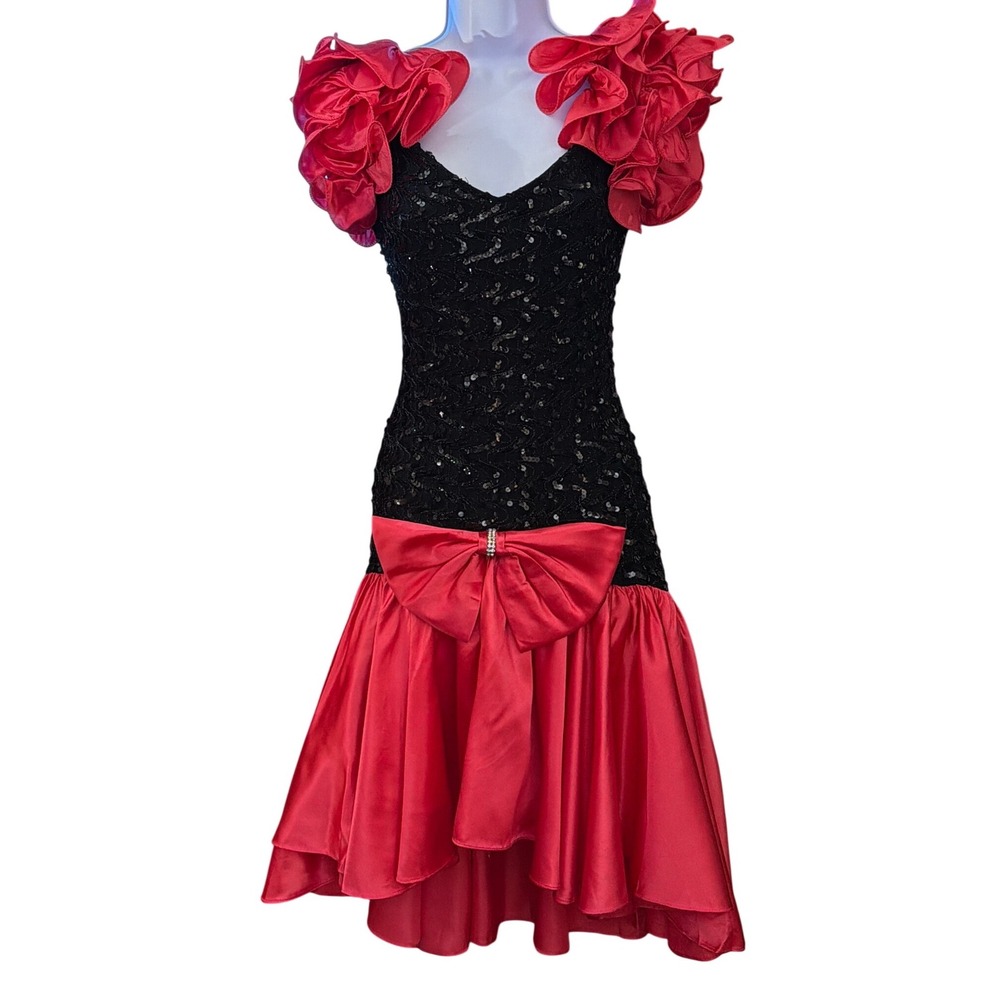 \Vintage Zum Zum 80s Prom Dress Black Red Sequin Ruffle Bow High Low Cocktail